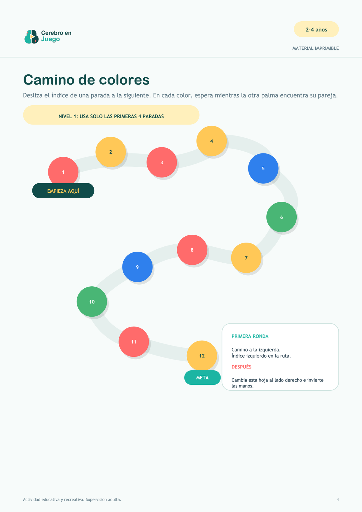 Camino imprimible con doce círculos de colores para avanzar alternando las manos.