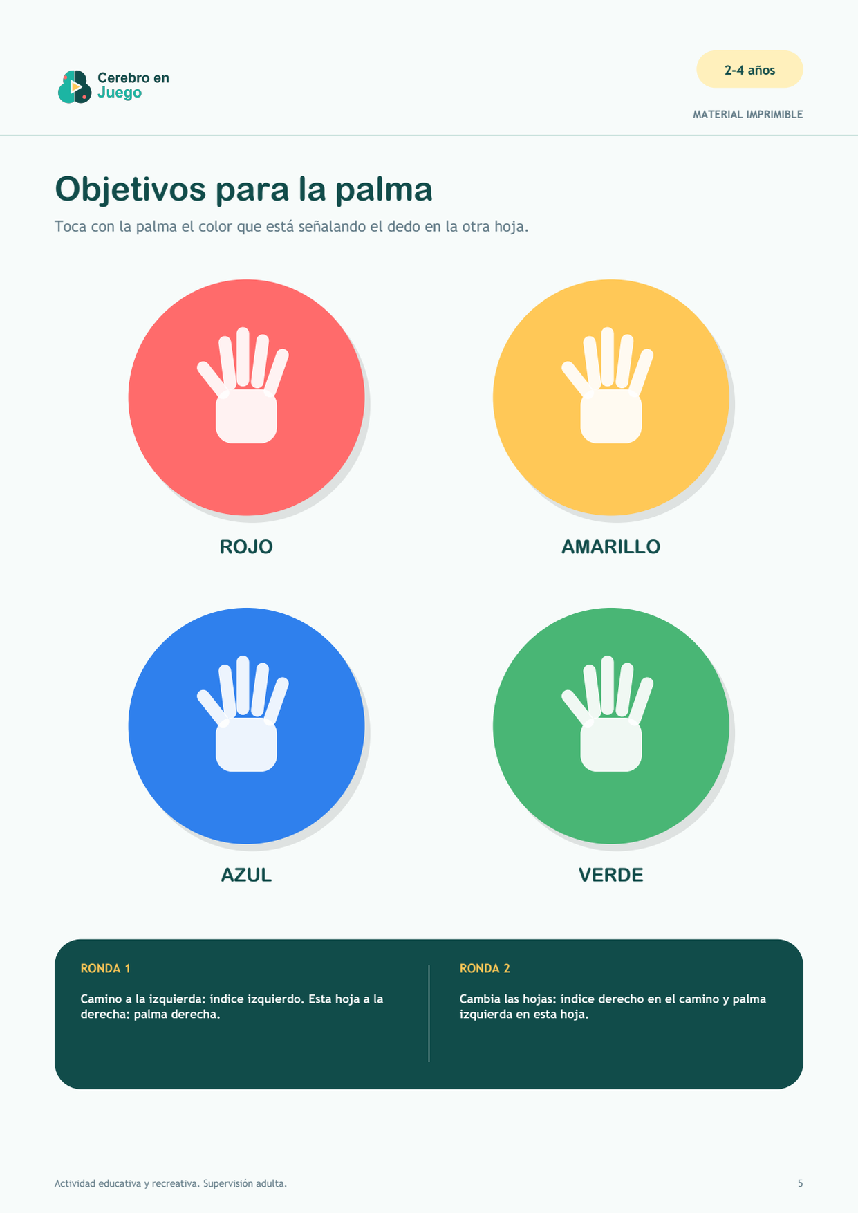 Tablero imprimible con cuatro objetivos grandes de colores para tocar con la palma indicada.