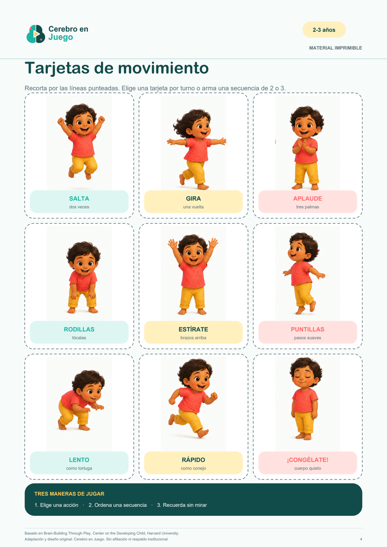 Nueve tarjetas imprimibles con movimientos simples para jugar mientras cantan.