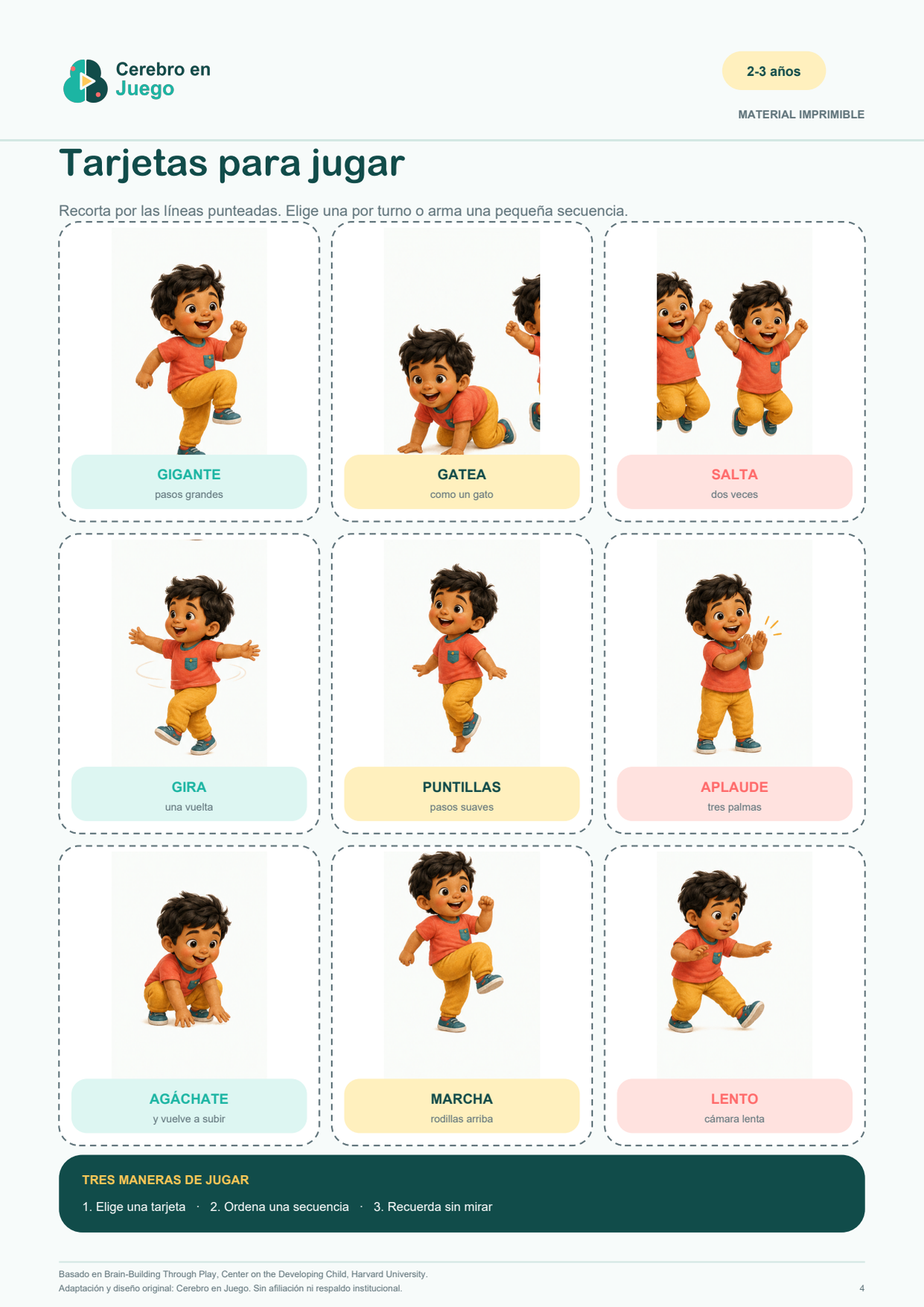 Tarjetas imprimibles con movimientos grandes y simples para seguir e imitar a un adulto.